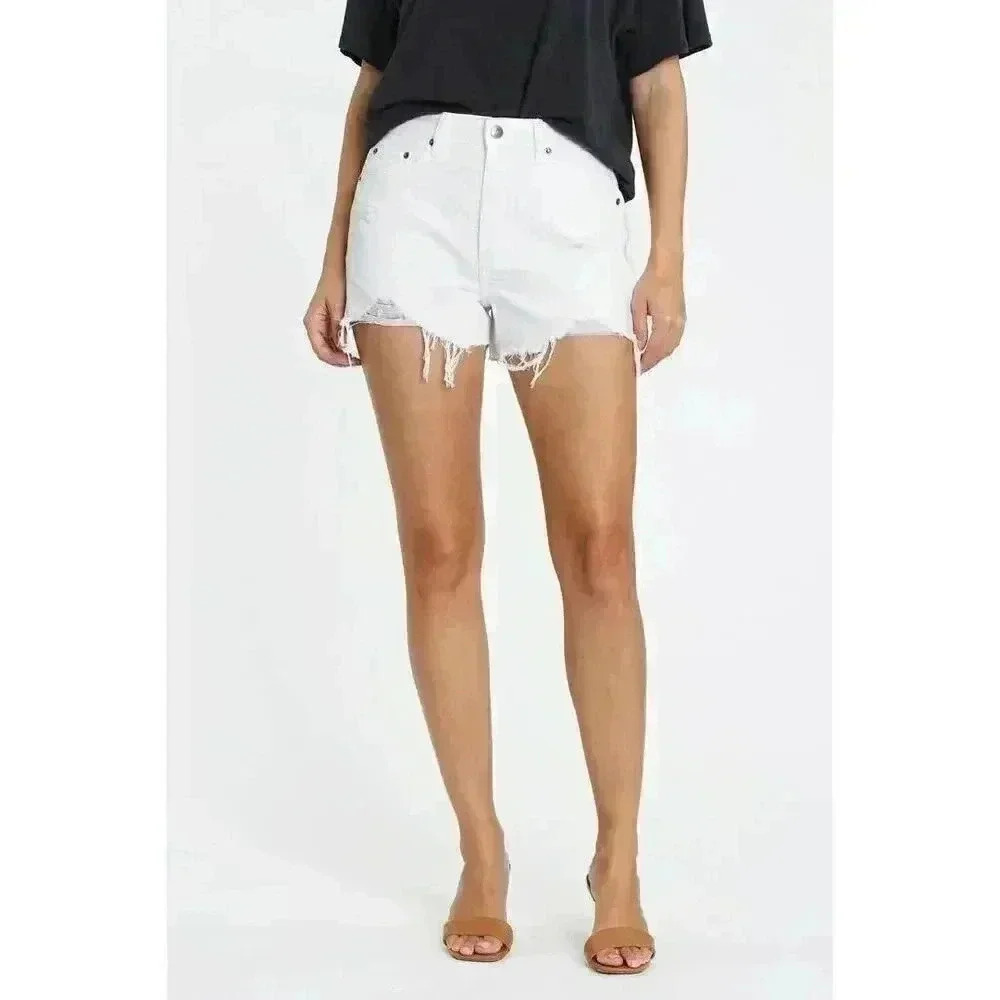 Pistola Nova NWT White Denim High Rise Relaxed Cut Off Frayed Shorts Size 28